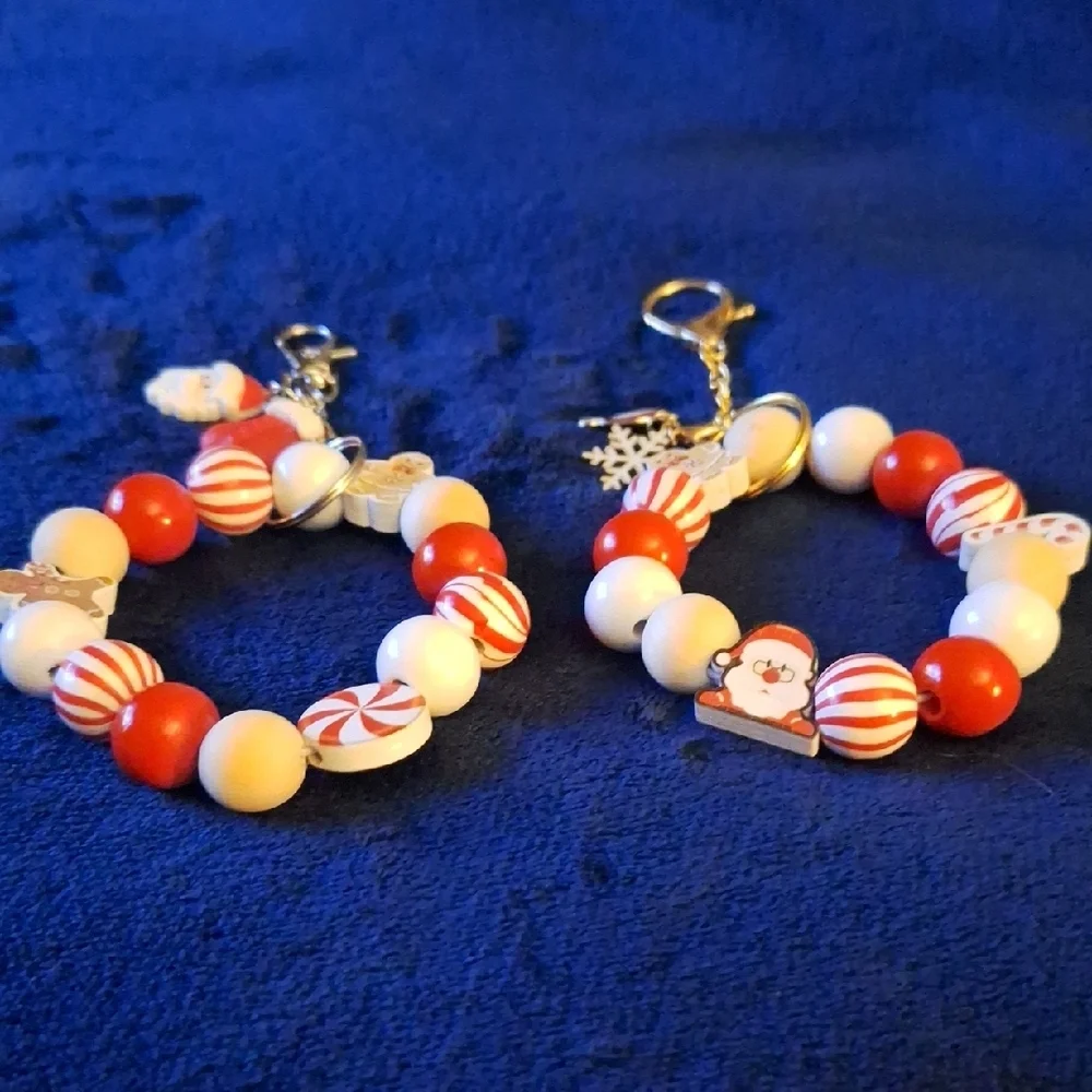 Festive Holiday Red and White Beaded Keychains Bracelets